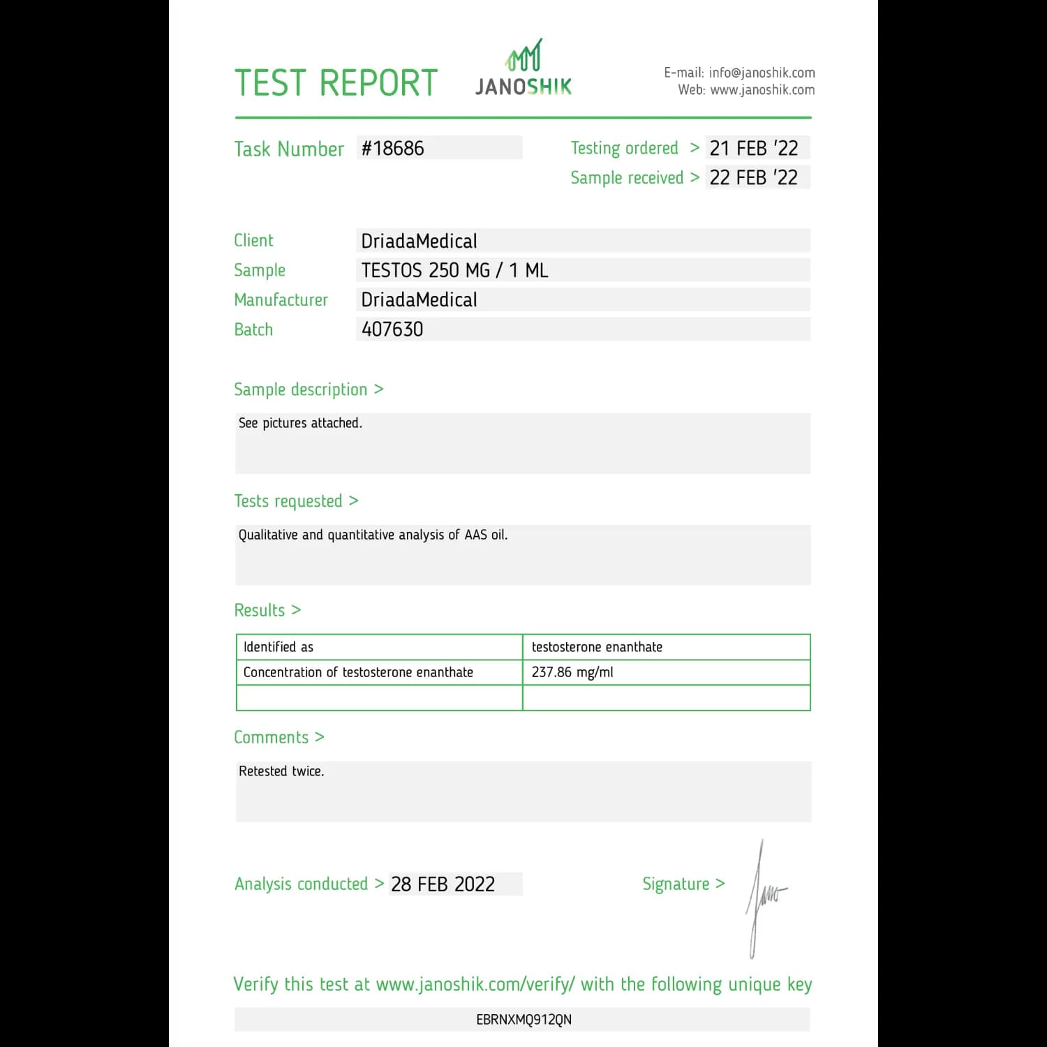 Testos (Testosterone Enanthate) Driada Medical 250 mg/ml