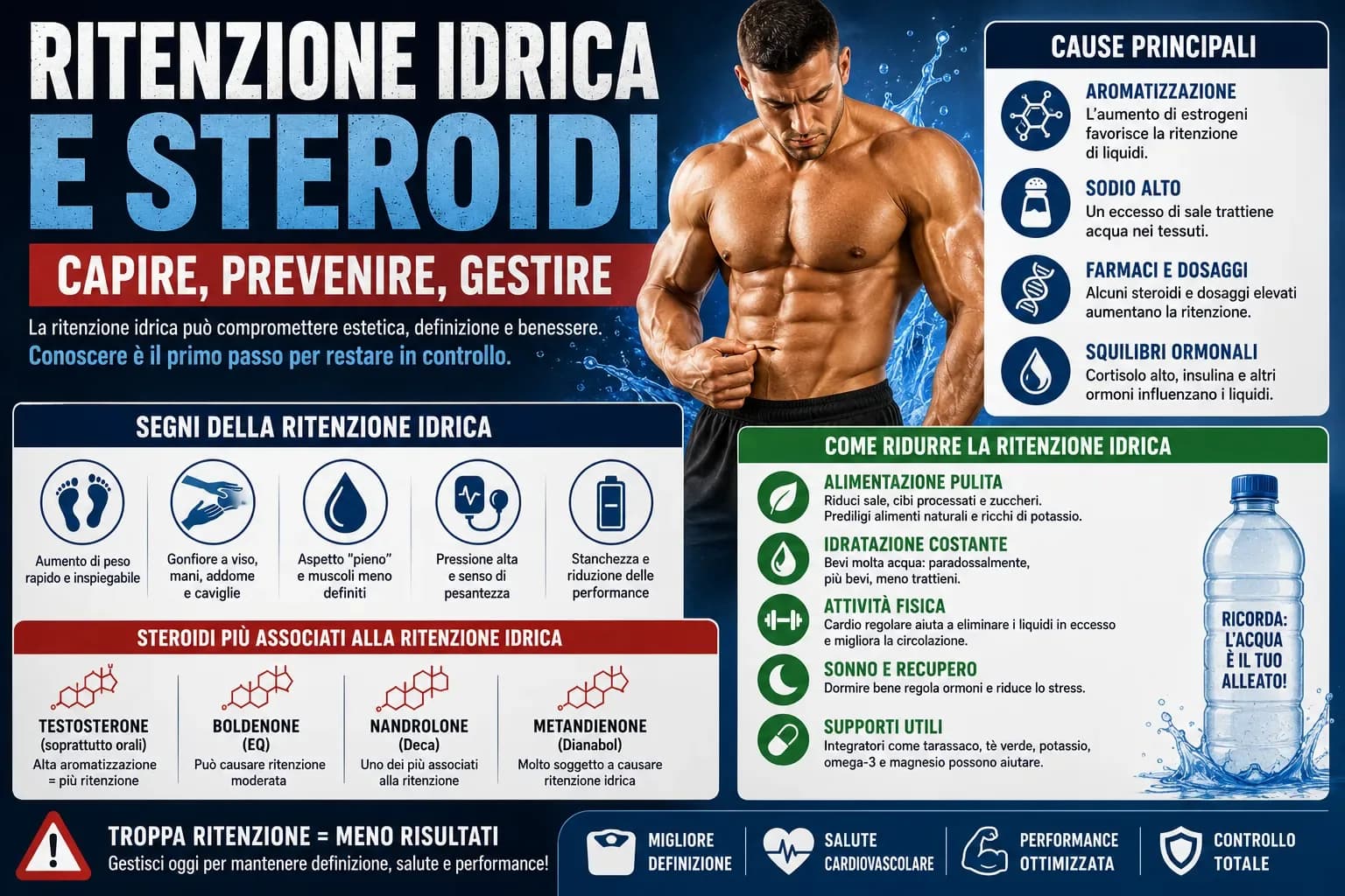 Spettro dei composti AAS da wet a dry ordinati per livello di ritenzione idrica dal Dianabol molto alta al Winstrol e Masteron assente
