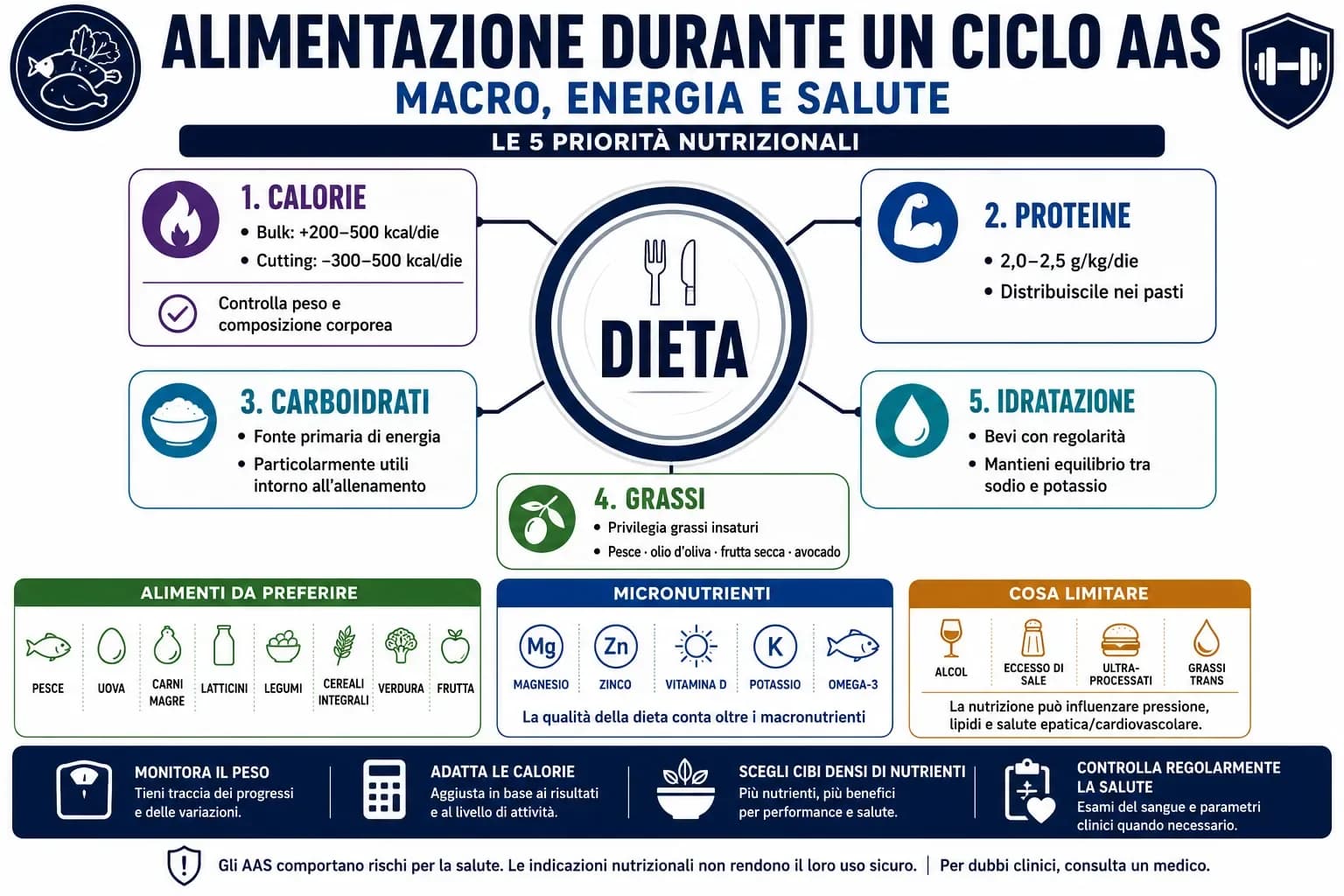Infografica sull'alimentazione durante un ciclo AAS con calorie, proteine, carboidrati, grassi, idratazione e micronutrienti