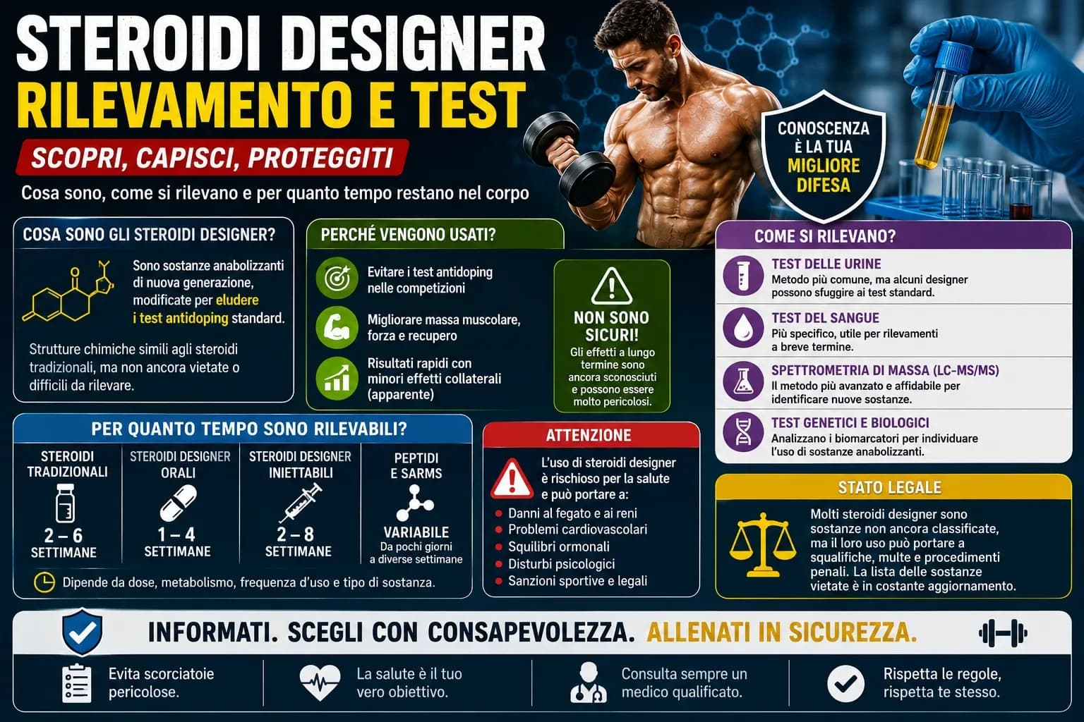 Diagramma dei cinque livelli di difesa antidoping: dallo screening GC-MS alla conservazione decennale dei campioni con rianalisi retrospettiva che cattura anche steroidi designer