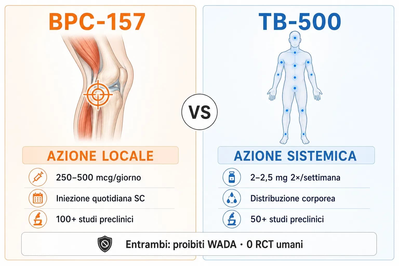Infografica confronto BPC-157 e TB-500: BPC-157 con azione locale su tendini a 250–500 mcg al giorno, TB-500 con azione sistemica a 2–2,5 mg due volte a settimana