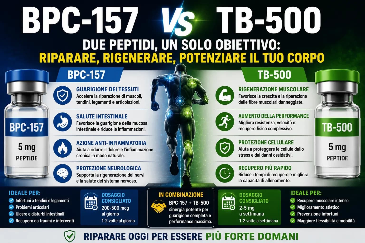 Mappa corporea decisionale per la scelta tra BPC-157 e TB-500 per tipo di infortunio con zone colorate per prima scelta e combinazione