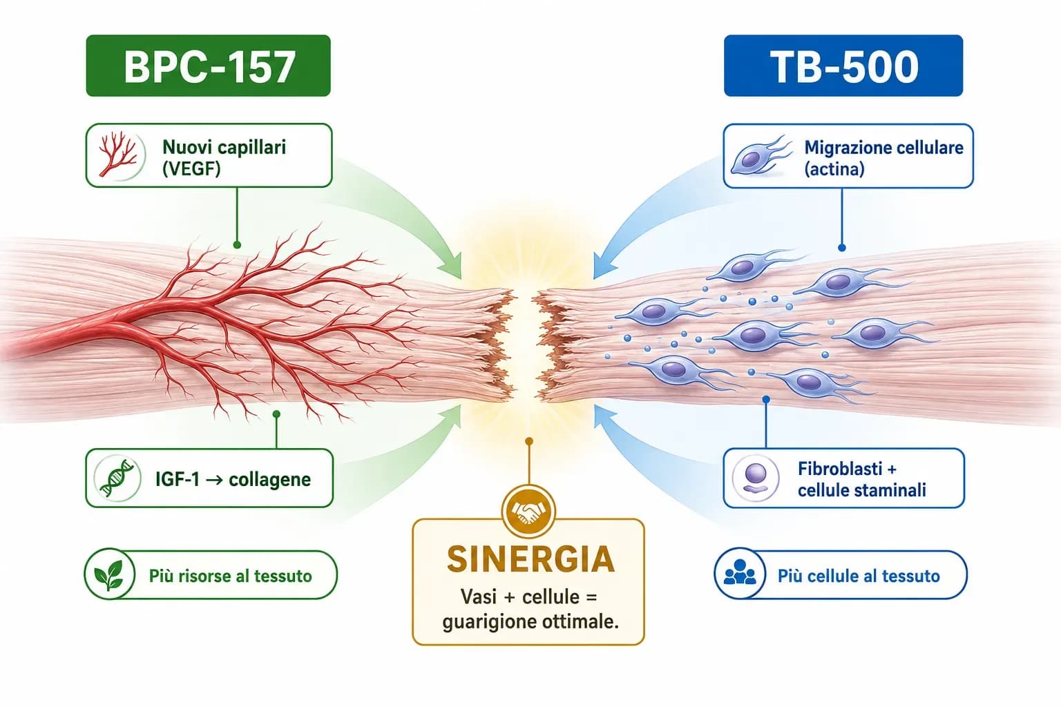 Infografica della sinergia BPC-157 e TB-500 nella guarigione di un tendine: BPC-157 crea nuovi vasi sanguigni via VEGF dal lato sinistro mentre TB-500 mobilizza cellule riparatrici via actina dal lato destro, convergendo al sito di lesione