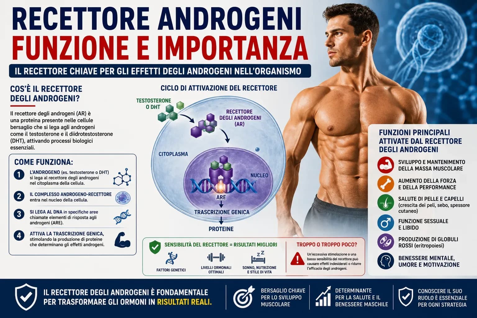 Diagramma della cascata di segnalazione del recettore degli androgeni in 5 passaggi: diffusione dello steroide, legame AR con dissociazione HSP90, traslocazione nucleare, dimerizzazione su ARE e trascrizione genica con output proteico muscolare