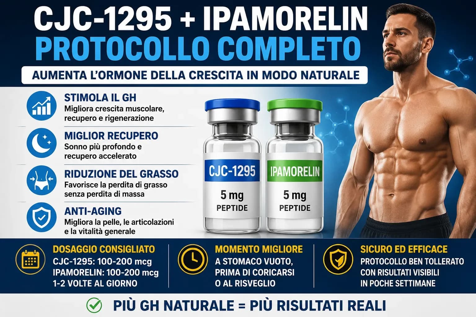 Diagramma della sinergia CJC-1295 + Ipamorelin con doppia attivazione recettoriale e inibizione somatostatina che produce rilascio GH 5 volte superiore ai dati Alba 2005