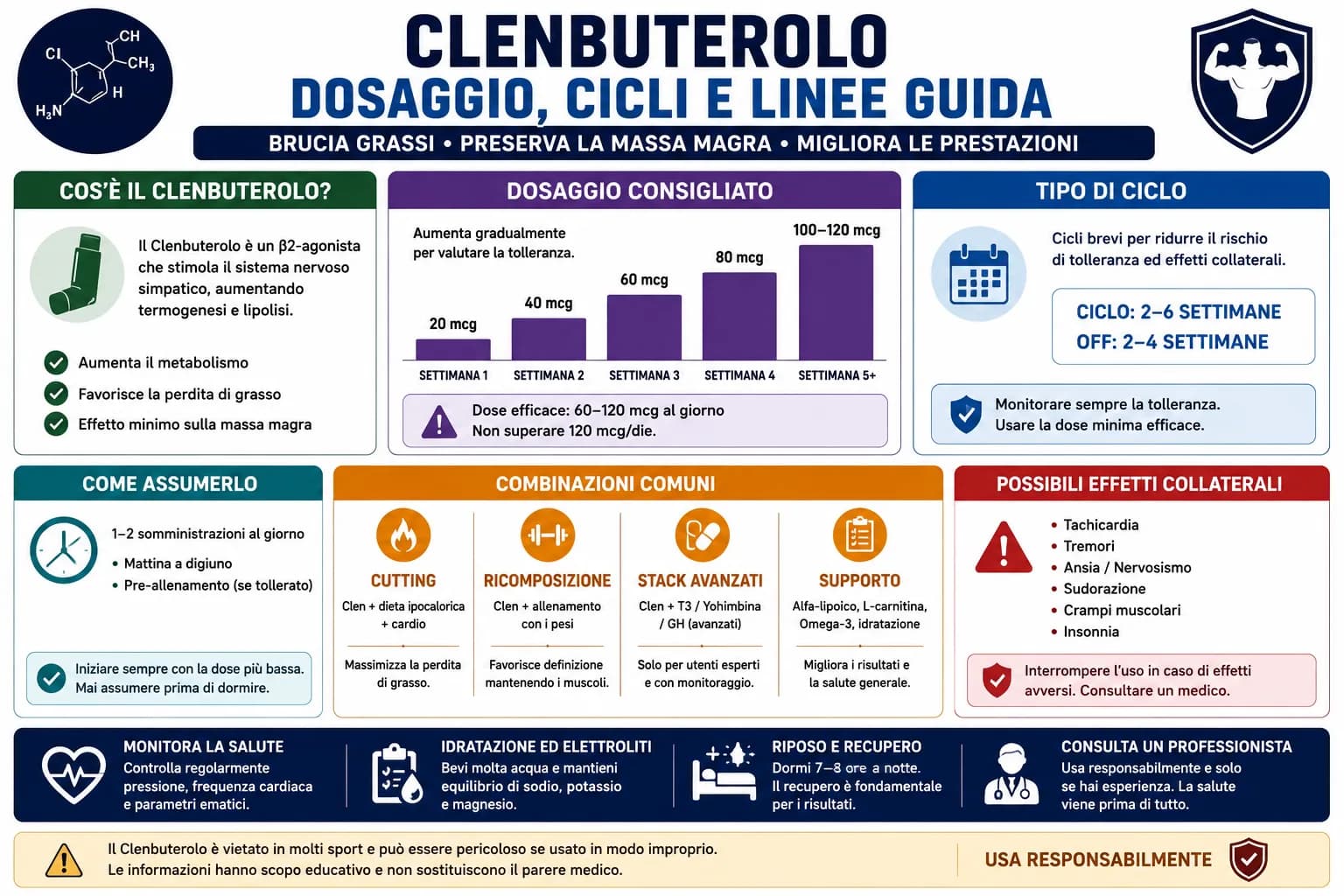 Infografica sul clenbuterolo con informazioni su meccanismo d'azione, cicli, effetti collaterali, monitoraggio e rischi cardiovascolari