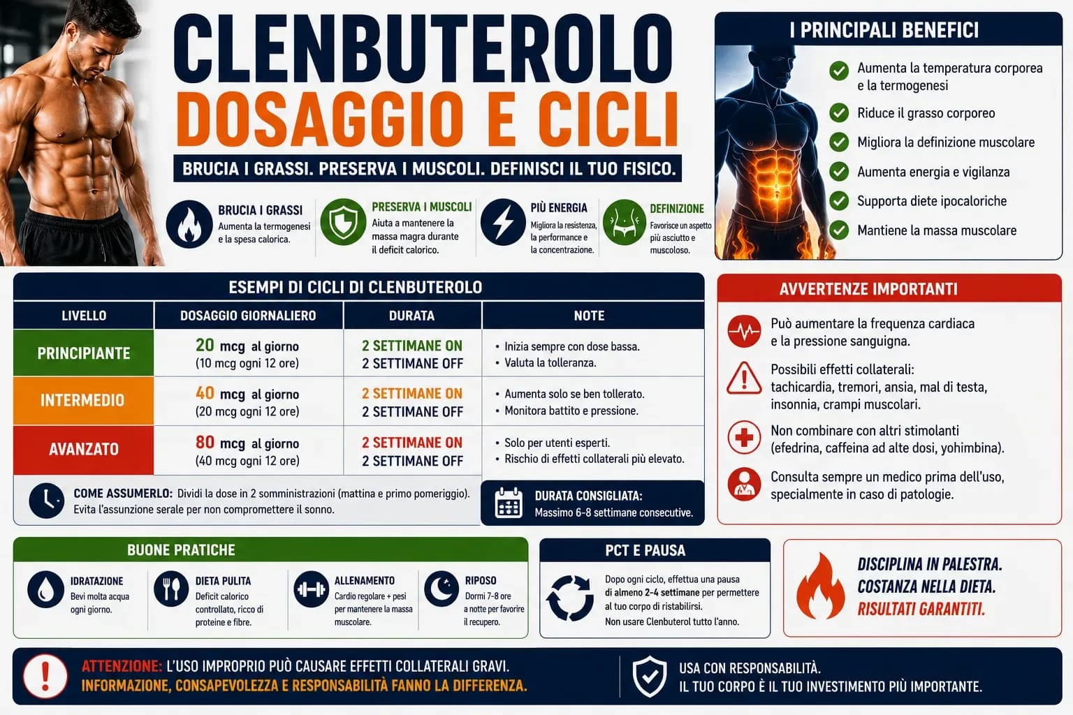 Clenbuterolo: dosaggio, cicli, rischi del broncodilatatore usato come bruciagrassi