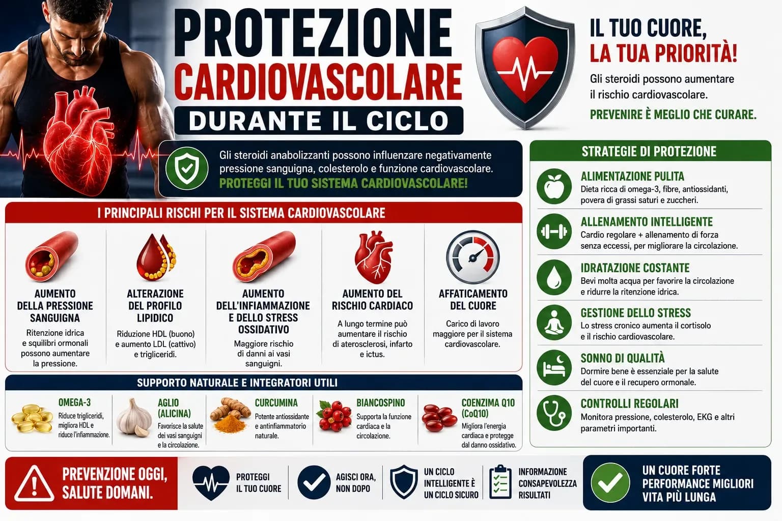 Diagramma di convergenza delle sette vie di danno cardiovascolare da steroidi anabolizzanti con interventi protettivi