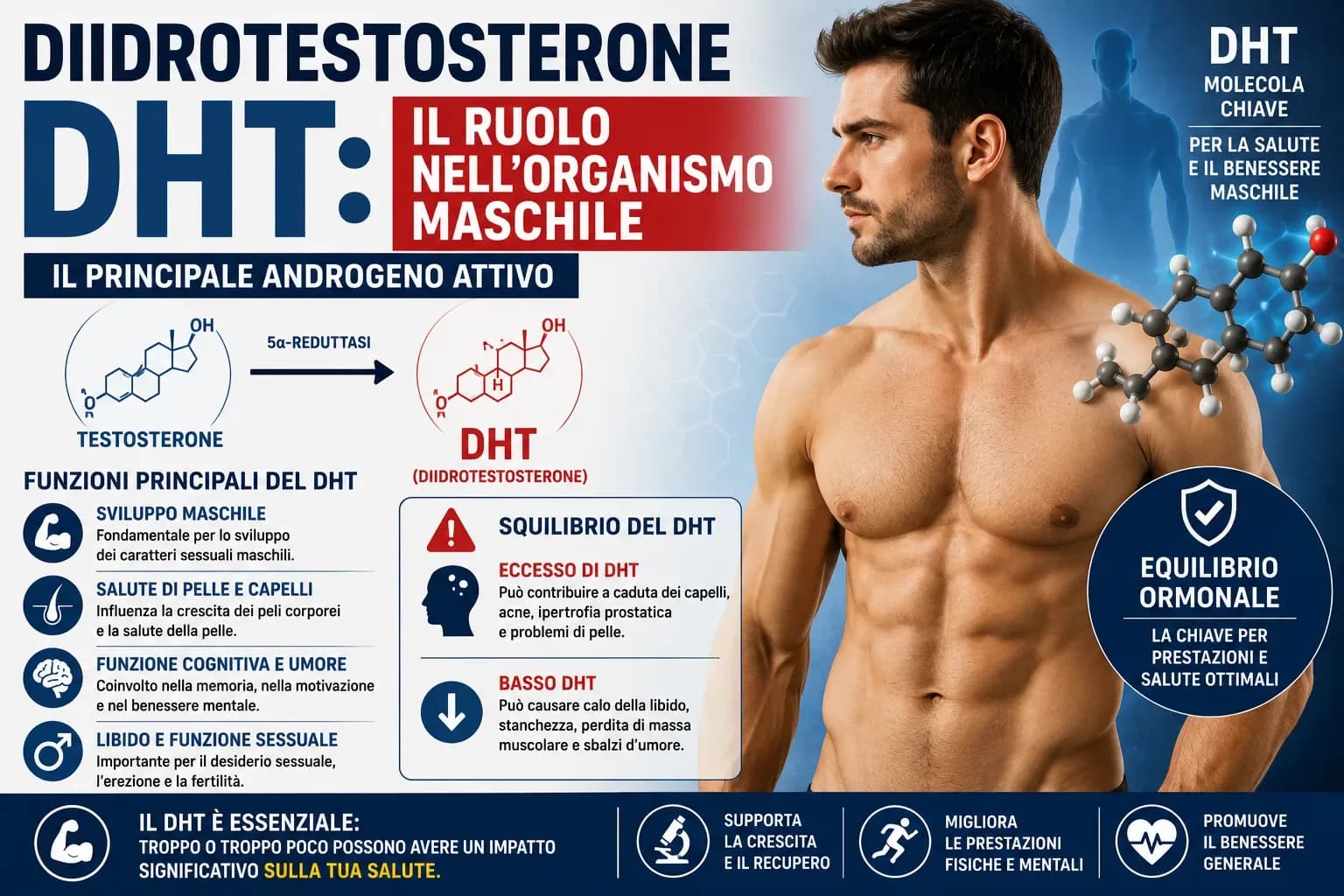 Infografica della doppia natura del DHT con effetti desiderati (libido, forza, definizione) nei tessuti a bassa 5-AR e effetti indesiderati (alopecia, prostata, acne) nei tessuti ad alta 5-alfa-reduttasi