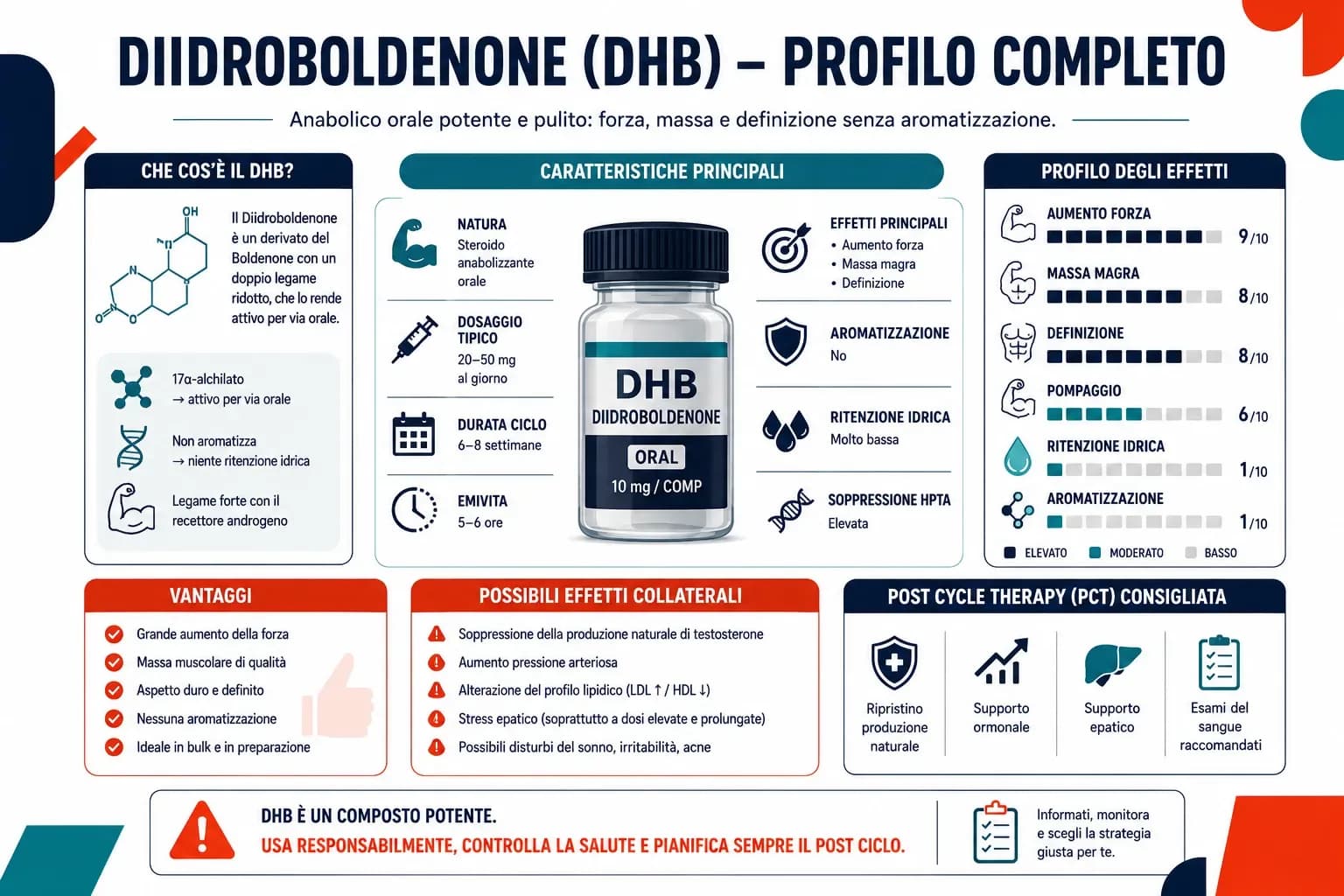 Perfil de la dihidroboldenona (DHB o 1-testosterona), con su índice anabólico-androgénico, ésteres disponibles y dosis habituales.