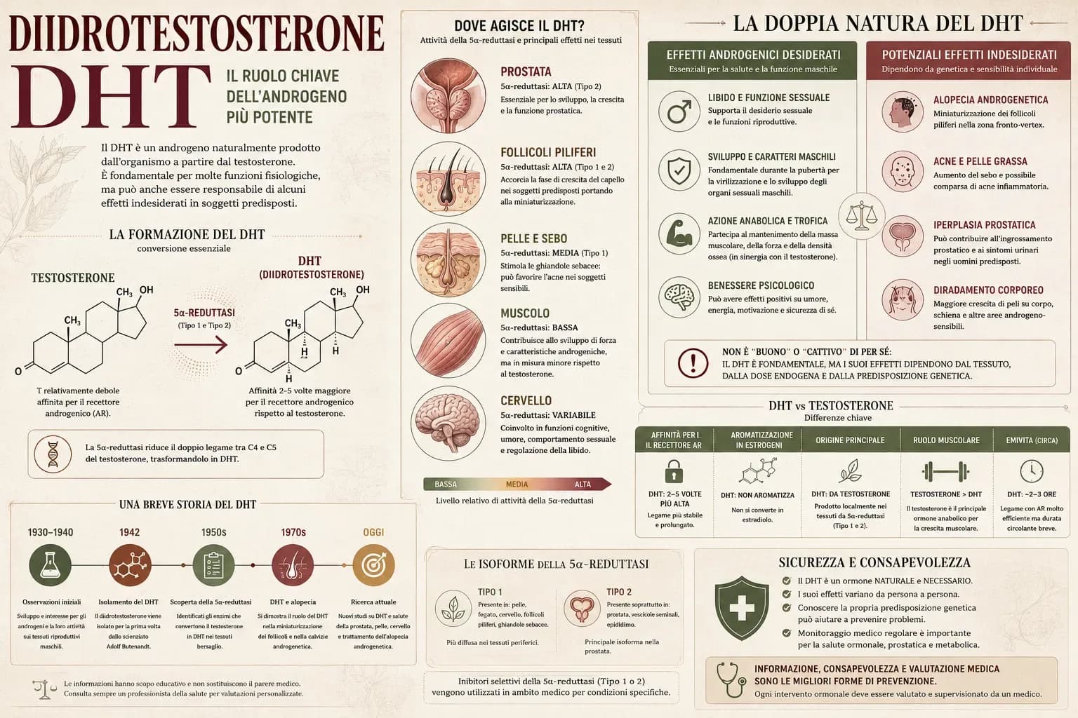 Infografica sul DHT con conversione del testosterone tramite 5-alfa-reduttasi, effetti nei diversi tessuti, confronto con il testosterone e principali rischi androgenici