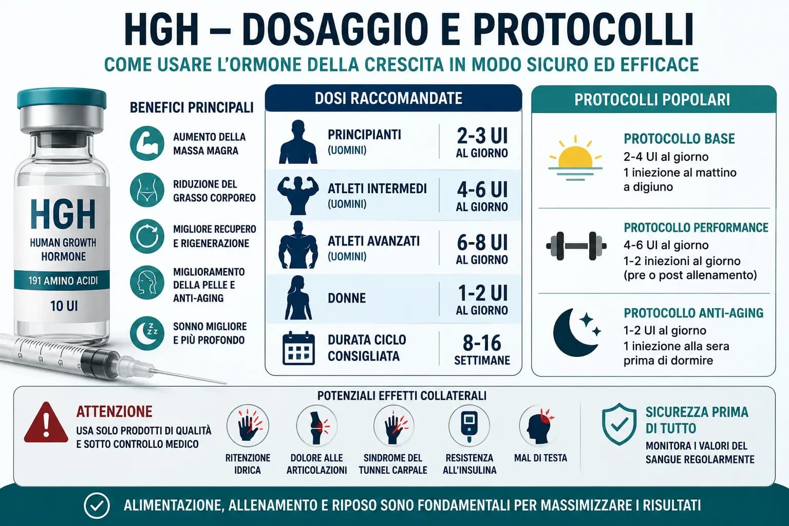 Grafico dose-risposta dell'HGH con curva benefici che si appiattisce e curva effetti collaterali che si impenna oltre 6 UI/die con sweet spot evidenziato a 2–6 UI
