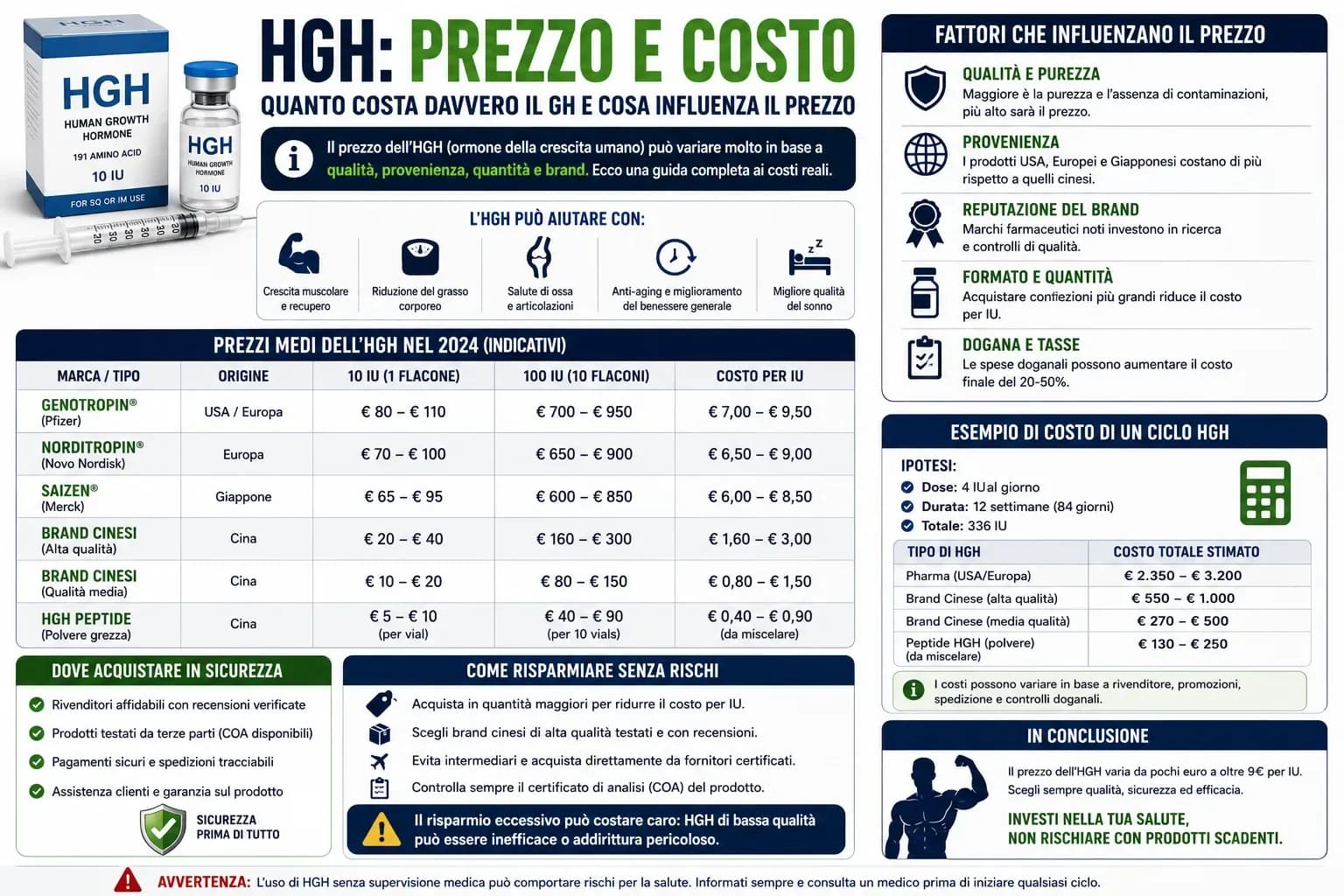 Grafico costo vs efficacia delle alternative HGH: da MK-677 a €150/mese fino a Genotropin commerciale a €8000/mese con curva dei rendimenti decrescenti