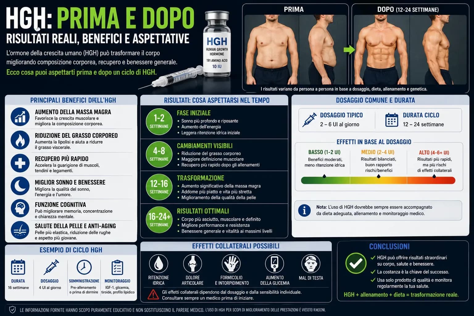 Timeline cumulativa dei risultati HGH 4 UI/die dal sonno migliorato a settimana 1 al fat loss visibile a settimana 5 fino agli effetti anti-aging a 6–12 mesi