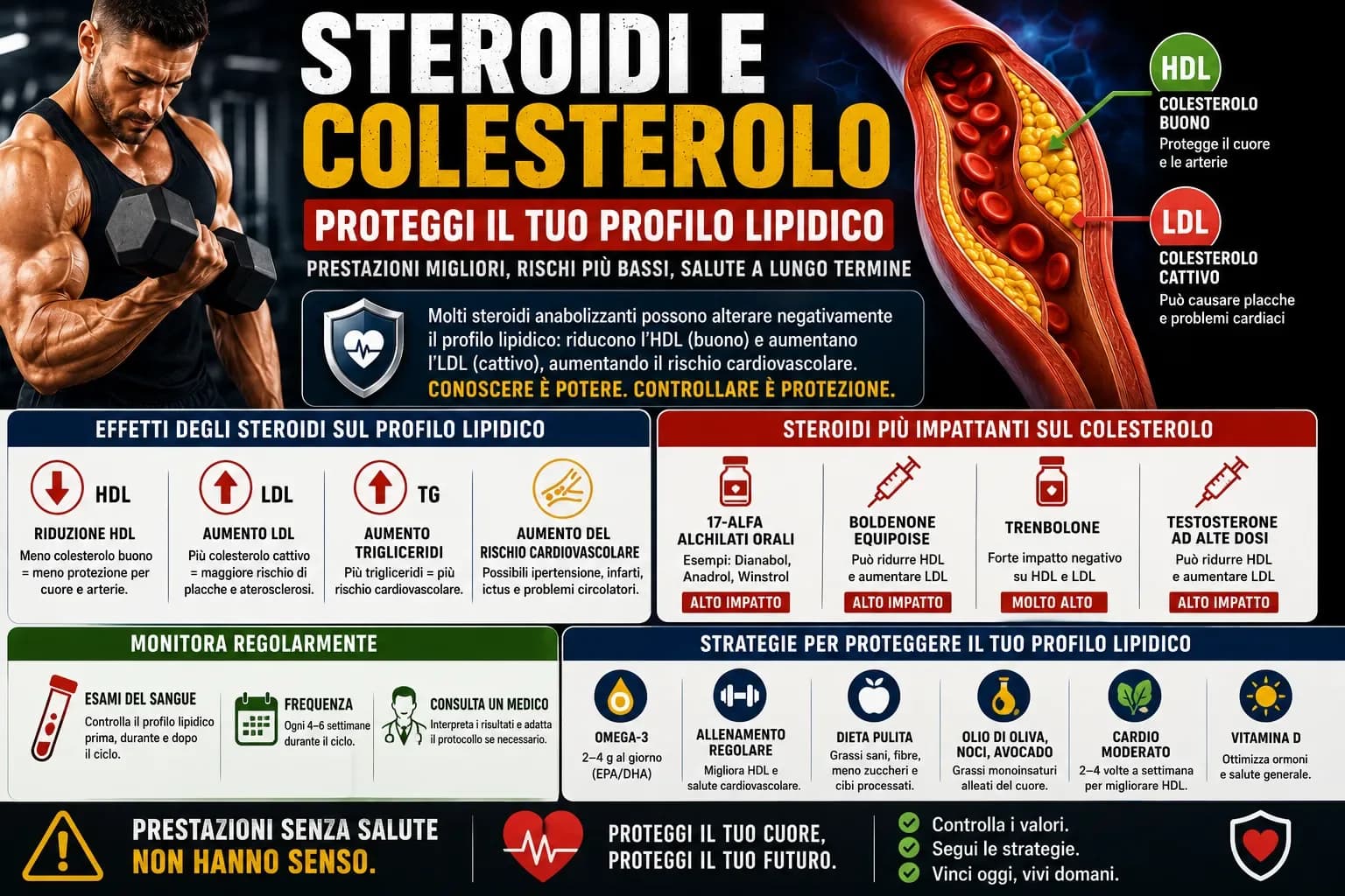 Grafico a barre della riduzione percentuale dell'HDL per 13 composti AAS ordinati per severità dagli iniettabili agli orali 17-alfa-alchilati