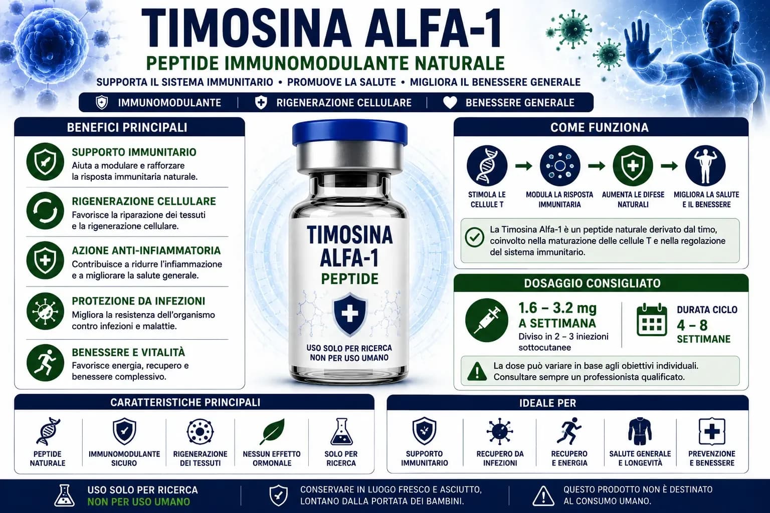 Curva di declino della funzione timica dall'infanzia ai 70 anni con conseguenze dell'immunosenescenza e punto di intervento della Timosina alfa-1