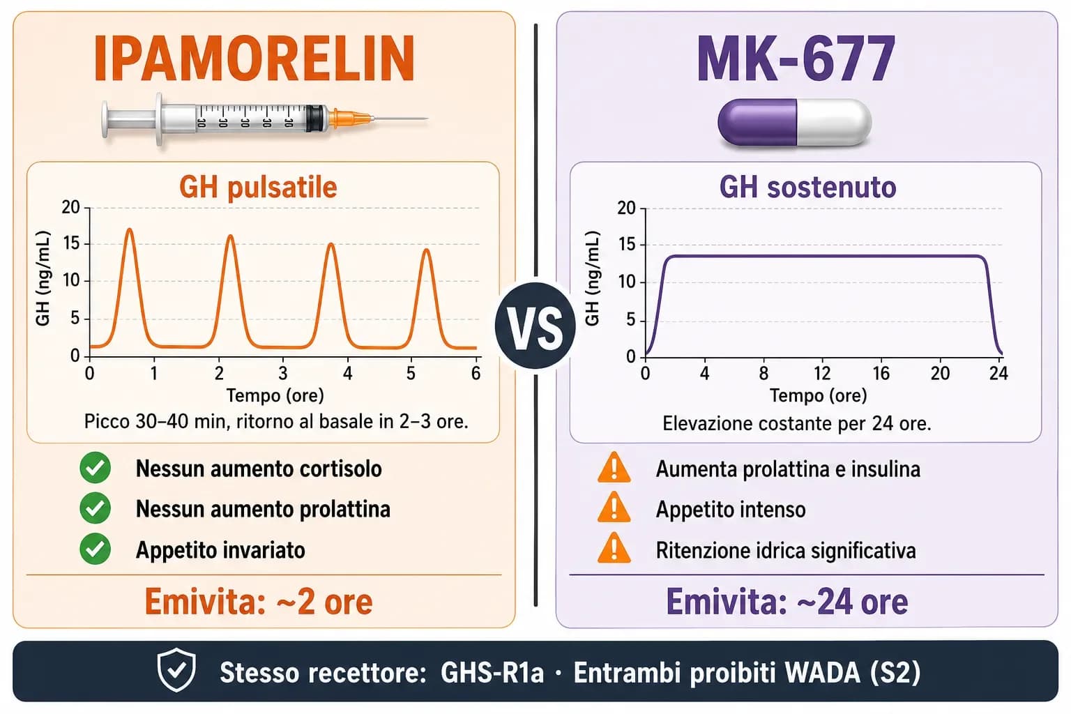 Infografica confronto Ipamorelin vs MK-677: Ipamorelin iniettabile con rilascio GH pulsatile senza aumento cortisolo e prolattina, MK-677 orale con rilascio GH sostenuto ma aumento appetito, prolattina e ritenzione idrica