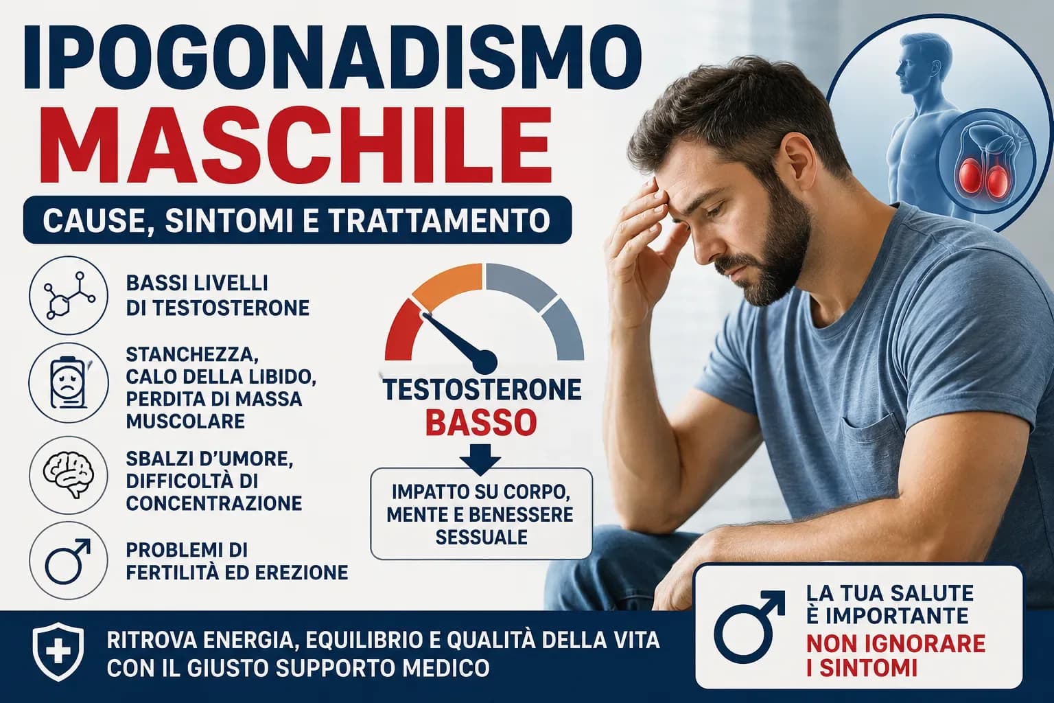 Diagramma di flusso diagnostico dell'ipogonadismo maschile con biforcazione per LH/FSH in primario (testicolare), secondario (ipofisario) e funzionale (reversibile) con cause, workup e terapia per ogni ramo