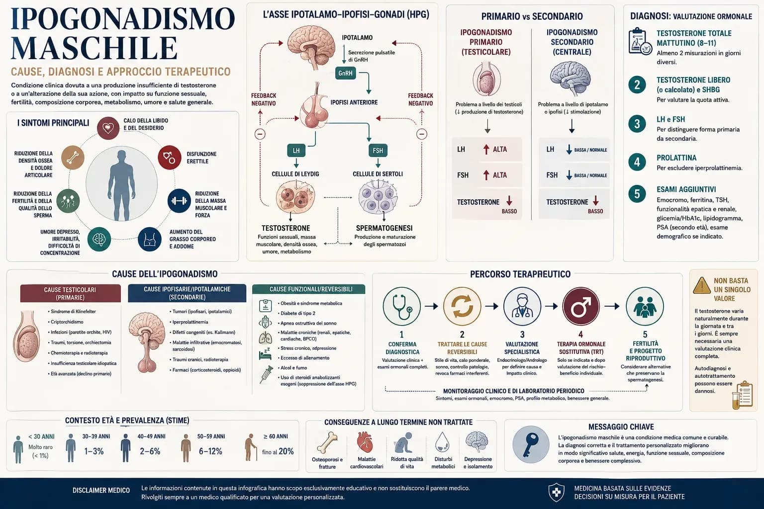 Infografica sull'ipogonadismo maschile con sintomi, asse ipotalamo-ipofisi-gonadi, differenza tra forme primarie e secondarie, esami diagnostici e percorso terapeutico