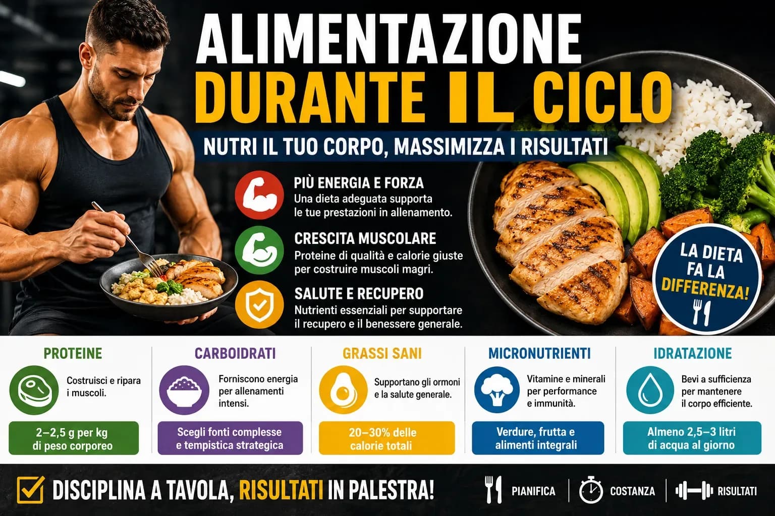 Timeline giornaliera dei sei pasti in bulk con AAS con distribuzione macronutrienti per pasto e finestra peri-workout evidenziata