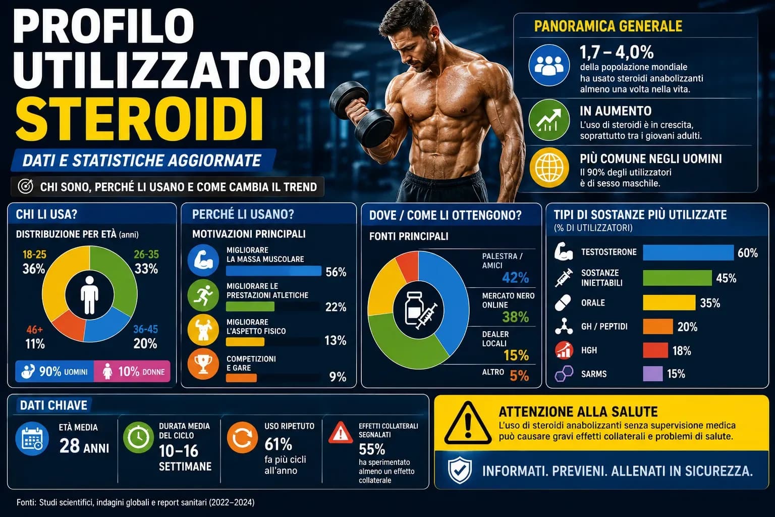 Piramide della prevalenza di utilizzo degli steroidi anabolizzanti per popolazione: dal 3–6% nella popolazione generale al 100% nei bodybuilder professionisti con la maggioranza invisibile tra i frequentatori di palestra