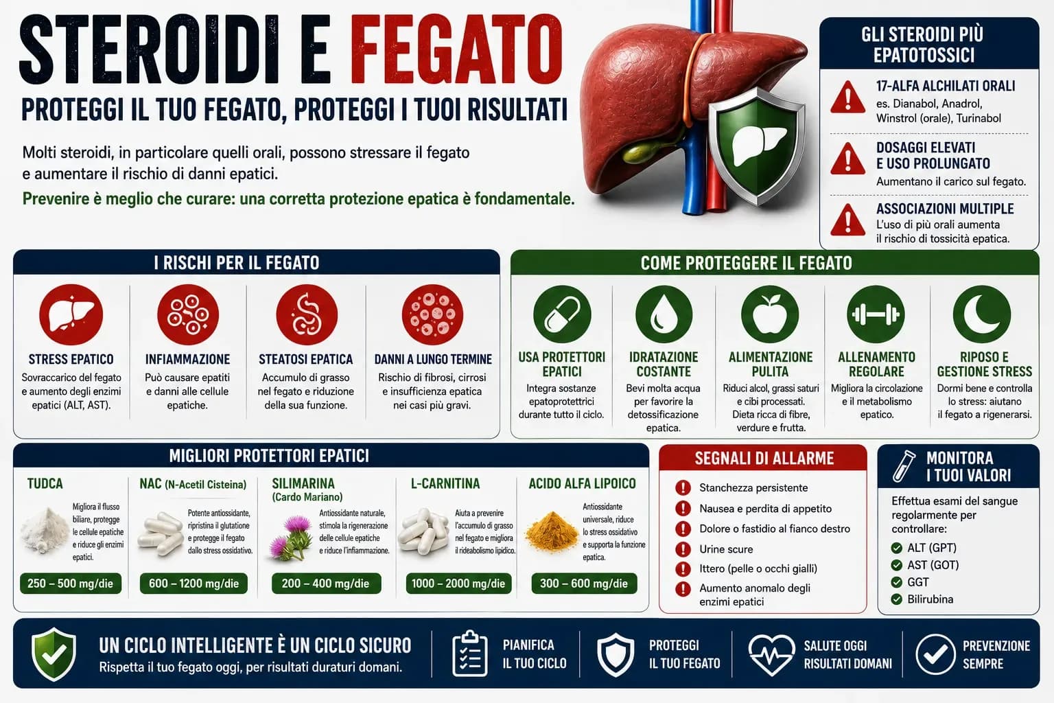 Confronto tiered dei quattro protettori epatici per ciclo AAS: TUDCA gold standard, NAC forte evidenza, Silimarina tradizionale e SAMe supplementare con dosi e costi