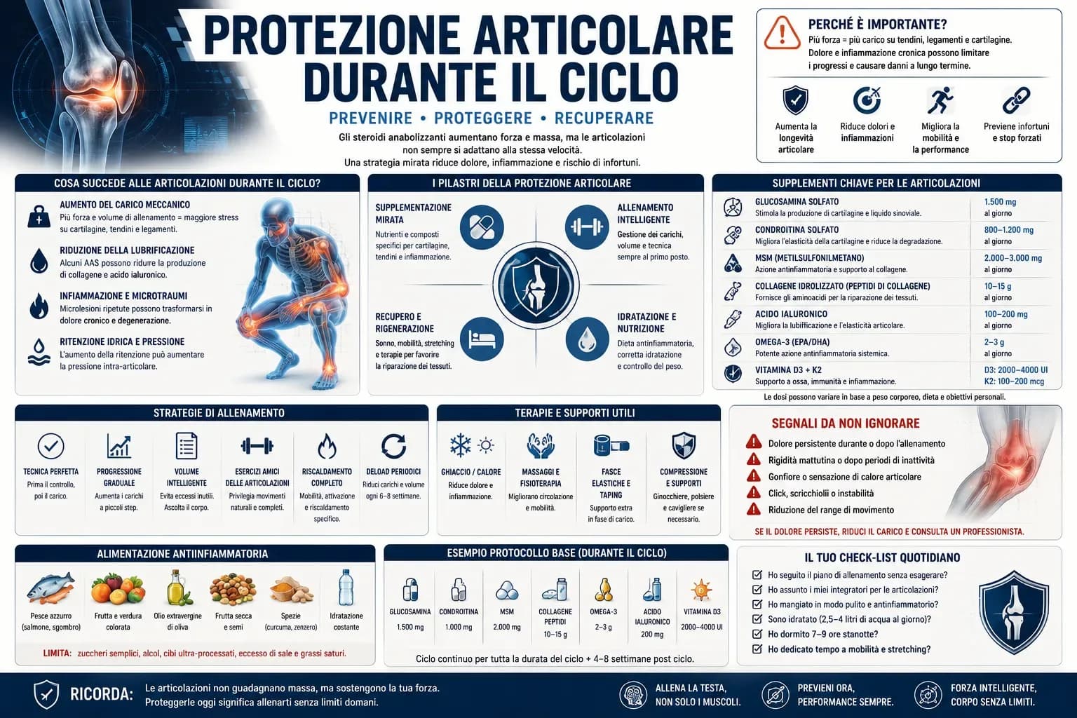 Infografica sulla protezione articolare durante un ciclo AAS con rischi per tendini e legamenti, strategie di allenamento, recupero, nutrizione e segnali di infortunio