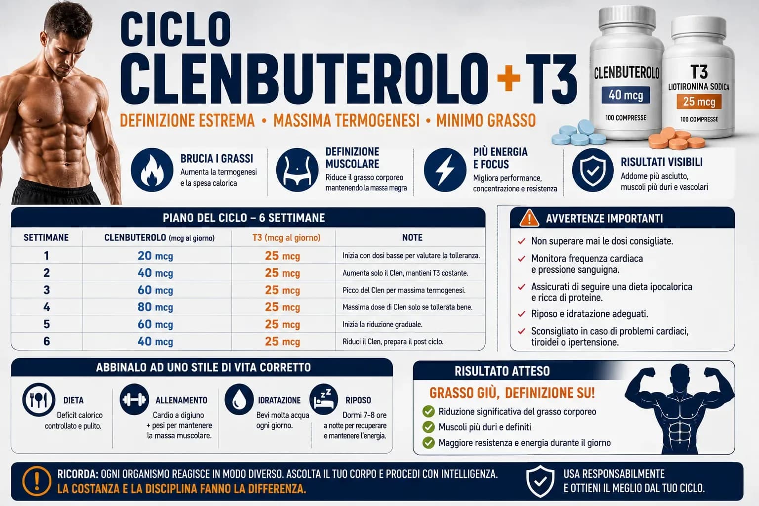 Ciclo Clenbuterolo + T3: protocollo cutting classico