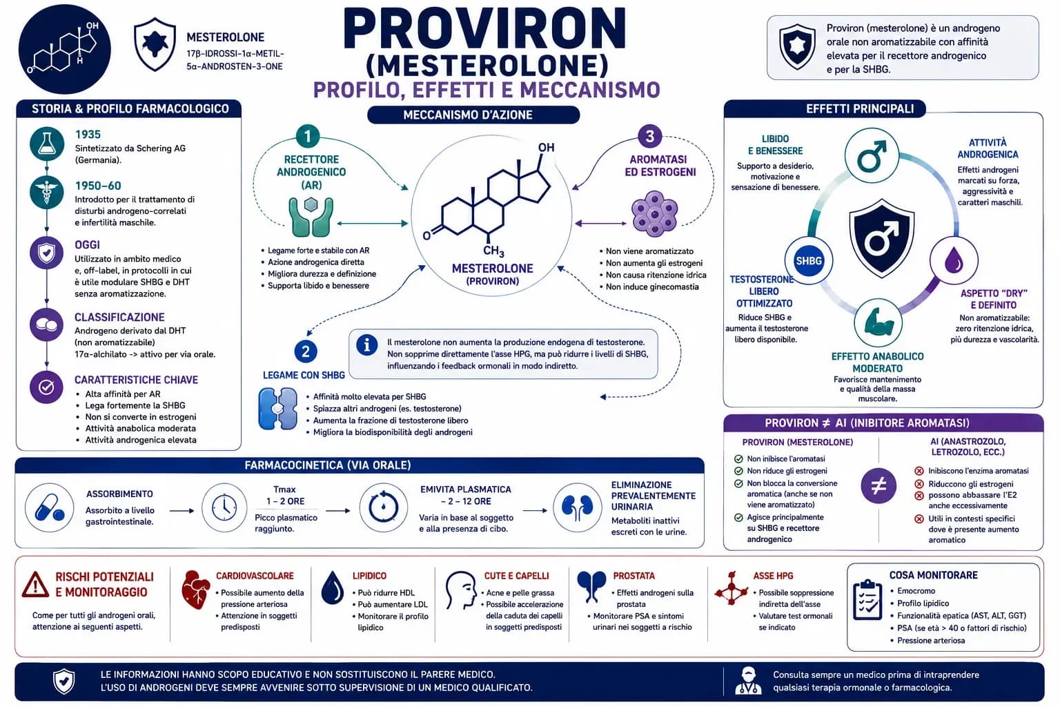 Infografica sul Proviron Mesterolone con meccanismo d'azione, legame con SHBG e recettore androgenico, effetti, farmacocinetica e principali rischi