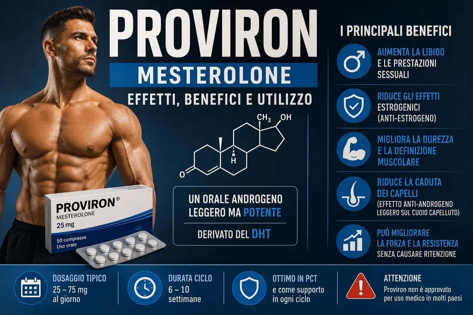 Diagramma dei quattro meccanismi d'azione del Proviron: anti-estrogenico, riduzione SHBG, enhancer libido e aspetto asciutto
