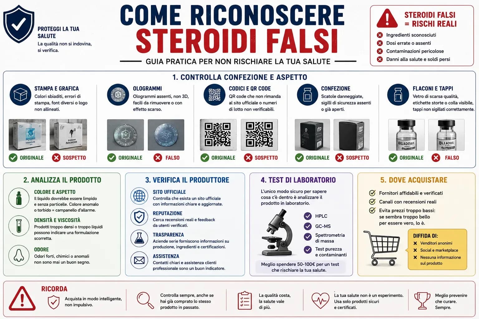 Infografica su come riconoscere steroidi anabolizzanti falsi attraverso confezione, etichette, codici, aspetto del prodotto, produttore e test di laboratorio