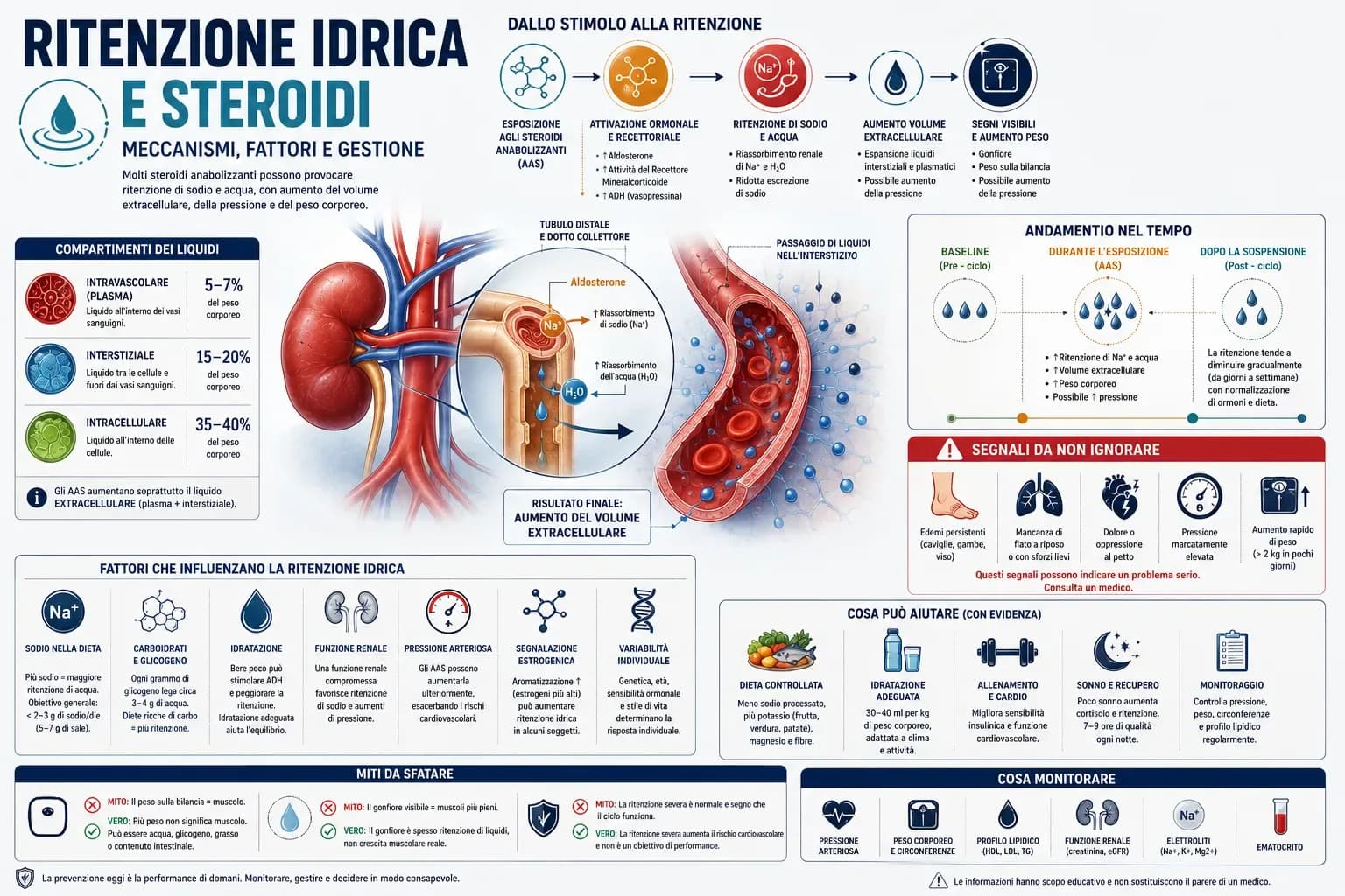 Infografica sulla ritenzione idrica associata agli steroidi con equilibrio di sodio e acqua, funzione renale, volume extracellulare, edema, pressione e monitoraggio