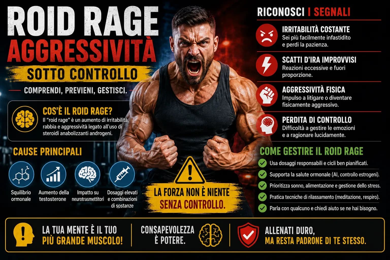 Piramide della frequenza reale degli effetti comportamentali da AAS: dal 60–80% con irritabilità lieve al meno del 5% con roid rage esplosivo