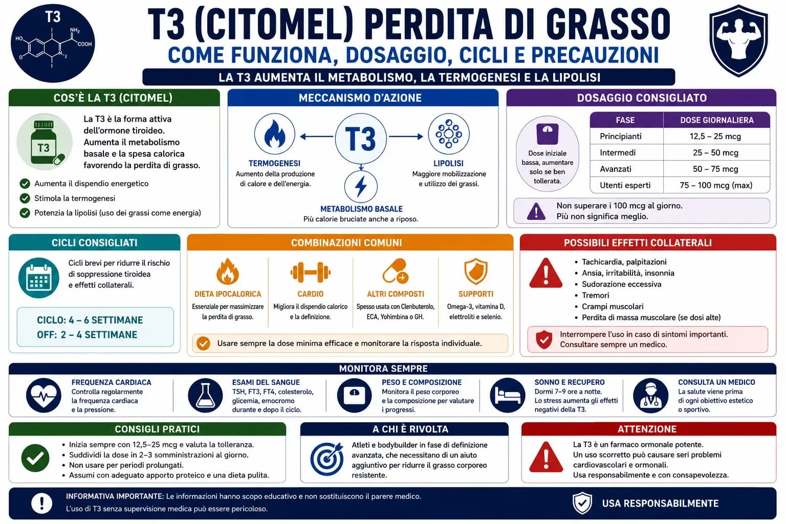 Infografica sul T3 Cytomel per la perdita di grasso con meccanismo d'azione, metabolismo, termogenesi, lipolisi, effetti collaterali e monitoraggio