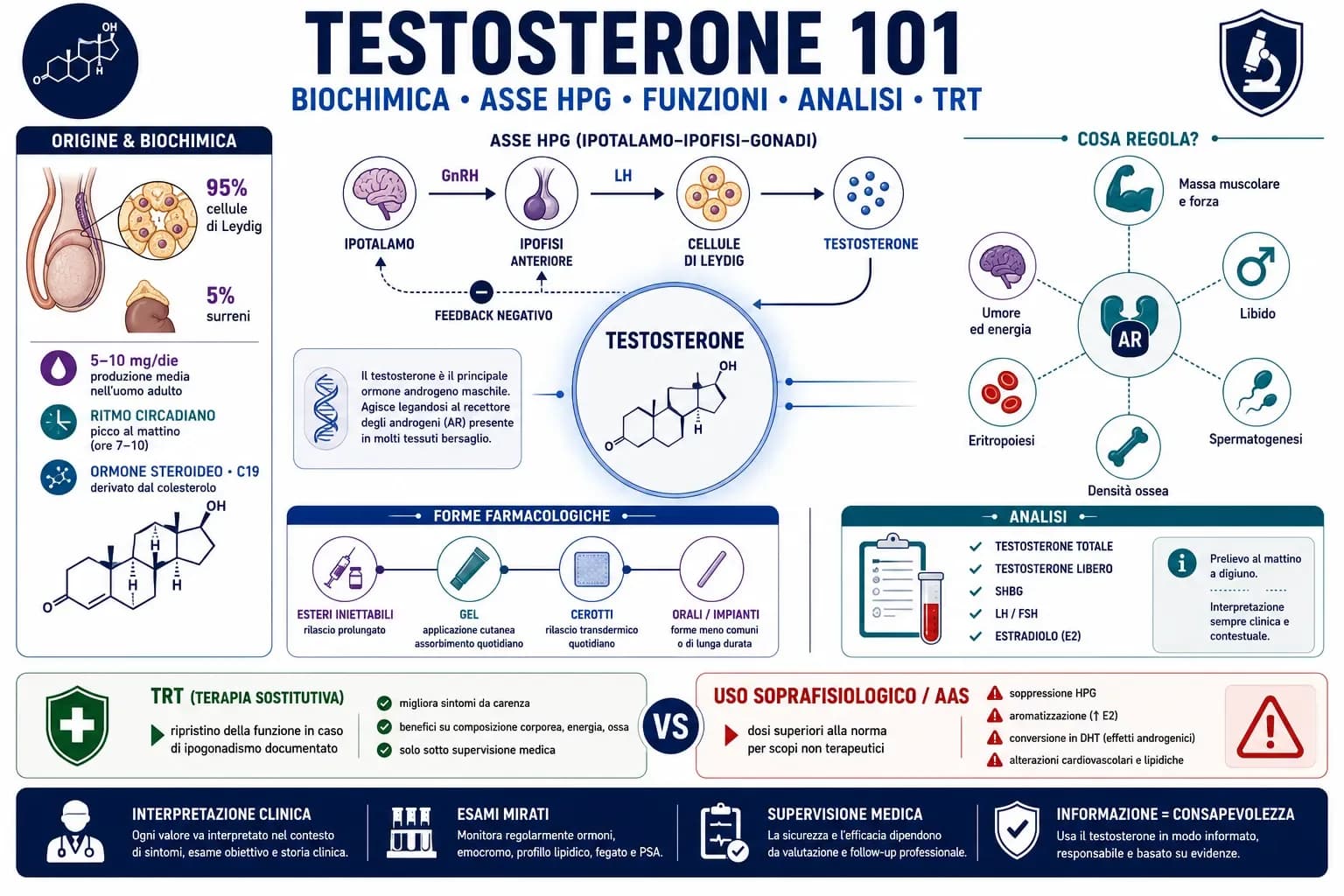 Infografica sul testosterone con asse HPG, produzione nelle cellule di Leydig, funzioni fisiologiche, forme farmaceutiche, analisi ormonali e confronto TRT e AAS