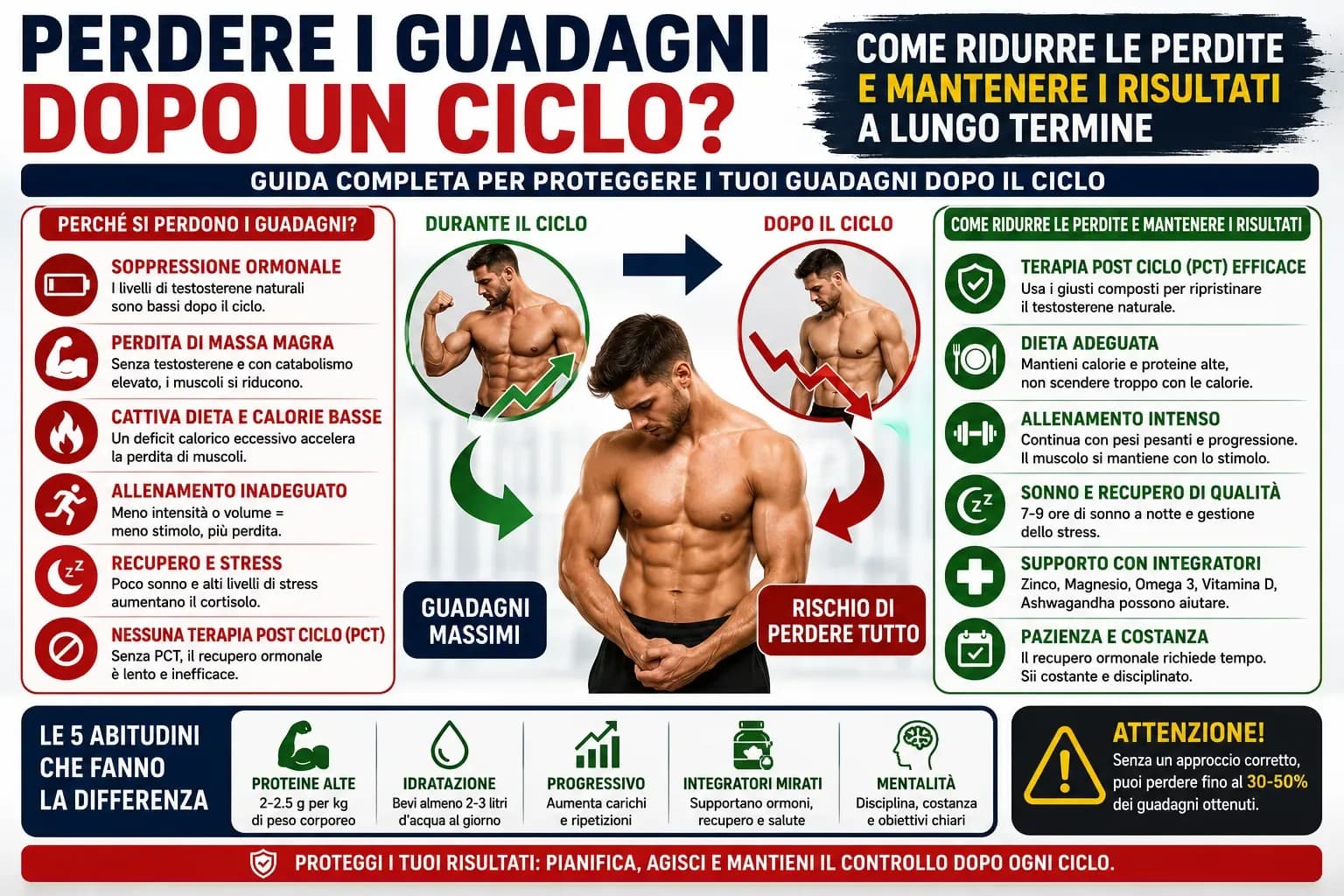 Timeline settimanale della perdita di guadagni post-ciclo di steroidi con fasi di recovery del testosterone e peso corporeo