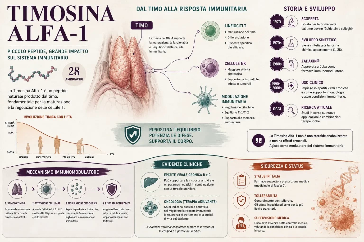 Infografica sulla Timosina Alfa-1 con struttura del peptide, funzione del timo, linfociti T, cellule NK, meccanismo immunomodulatore, evidenze cliniche e sicurezza
