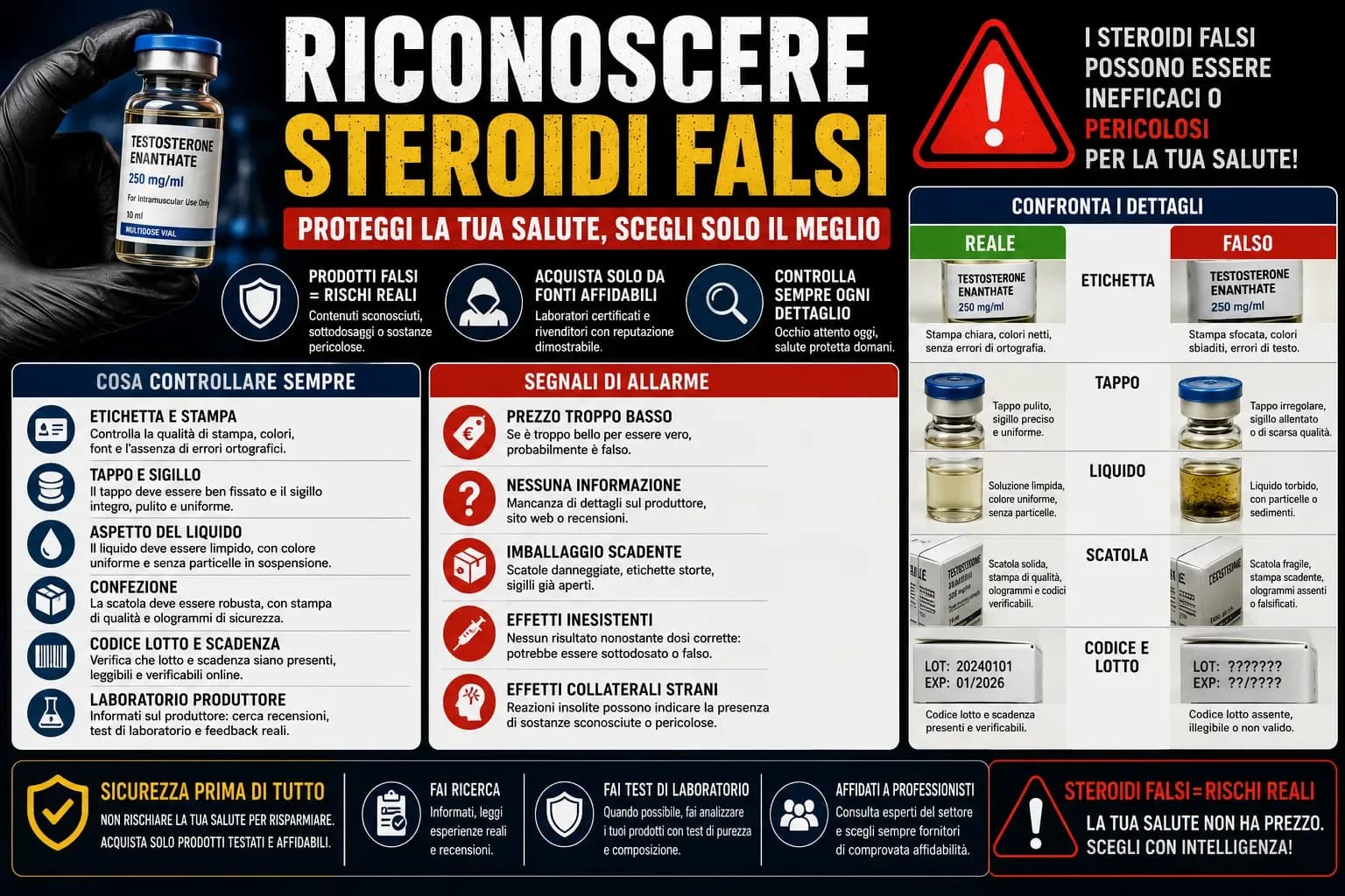 Classificazione dei cinque tipi di contraffazione degli steroidi anabolizzanti ordinati per frequenza dal sotto-dosaggio più comune alla contaminazione chimica più rara