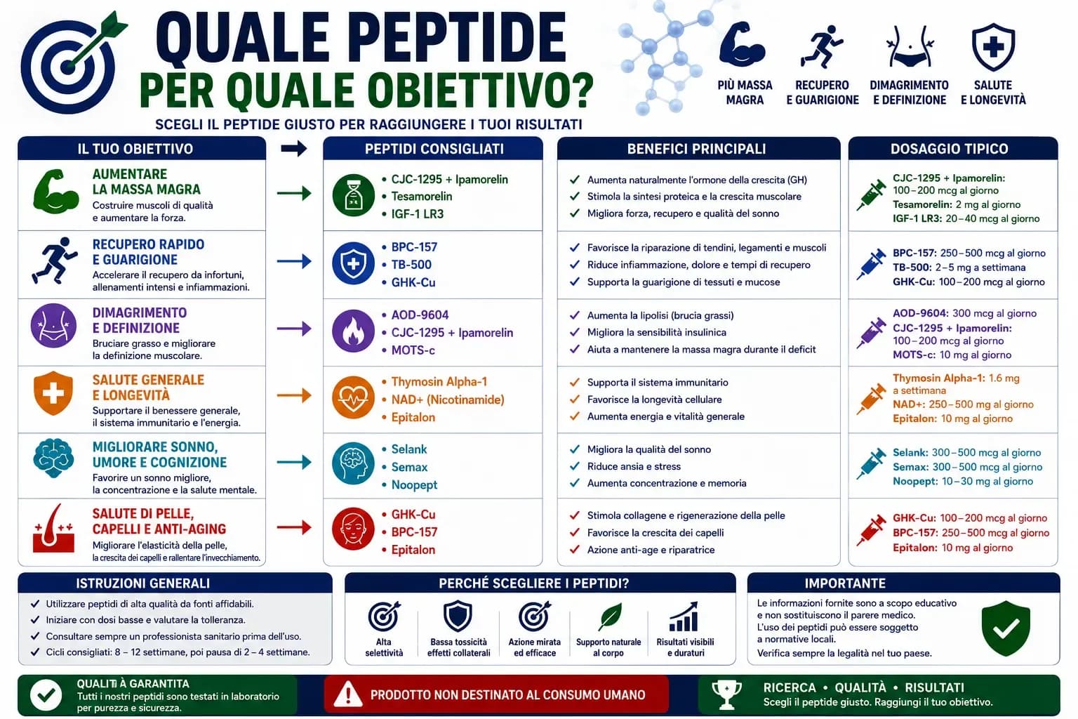 Classificazione dei peptidi in tre famiglie funzionali: rigenerativi (BPC-157, TB-500, GHK-Cu), ormonali GH-related (Ipamorelin, CJC-1295, HGH Fragment, Tesamorelina) e metabolici (MOTS-c, Timosina α1)