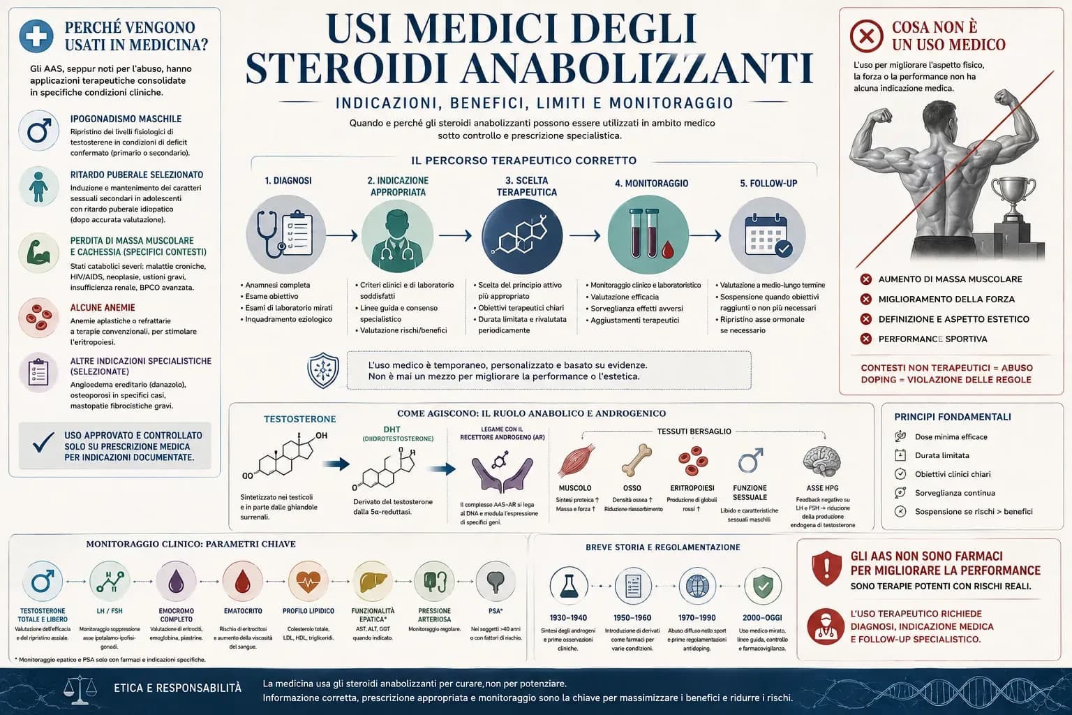 Infografica sugli usi medici degli steroidi anabolizzanti con principali indicazioni terapeutiche, percorso clinico, monitoraggio e differenza tra terapia e doping