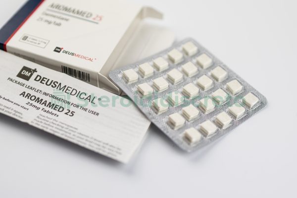 AROMAMED 25 (Exemestane) Deus Medical, un inibitore dell'aromatasi utilizzato per il trattamento del cancro al seno, in compresse da 25 mg.