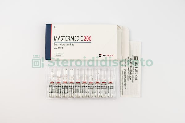 Mastermed E 200 (Drostanolone Enanthate), 200mg/ml, prodotto da Deus Medical, steroide anabolizzante iniettabile usato per aumentare la massa muscolare magra e migliorare la definizione fisica.