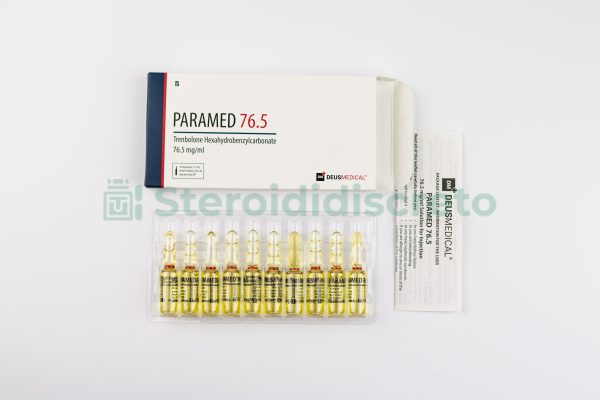 PARAMED 76.5 (Trenbolone Hexahydrobenzylcarbonate), 76.5mg/ml, prodotto da Deus Medical, un potente steroide anabolizzante utilizzato per migliorare la massa muscolare e la performance atletica