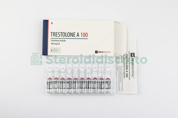 TRESTOLONE A 100 (Acetato di trestolone), 100mg/ml, prodotto da Deus Medical, un potente steroide anabolizzante utilizzato per migliorare la massa muscolare e le prestazioni atletiche