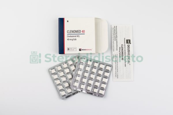 CLENOMED 40 (Clenbuterolo) 40mcg/Tab, prodotto da Deus Medical, broncodilatatore utilizzato per il trattamento di disturbi respiratori e come agente termogenico per la perdita di grasso