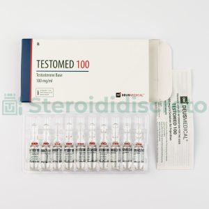 Flacone di TESTOMED SUSPENSION 100 (Testosterone) Deus Medical, usato per terapia ormonale sostitutiva e aumento delle prestazioni muscolari