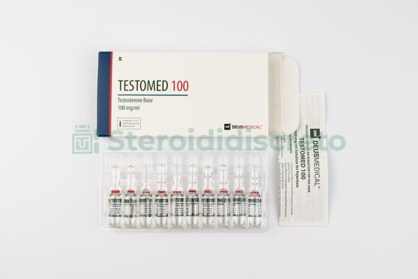 Flacone di TESTOMED SUSPENSION 100 (Testosterone) Deus Medical, usato per terapia ormonale sostitutiva e aumento delle prestazioni muscolari