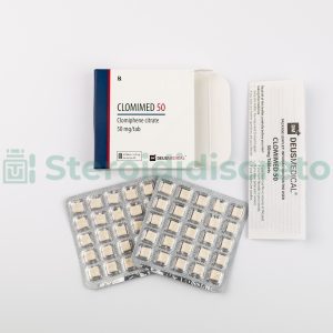 CLOMIMED 50 (Clomiphene citrate) 50mg/Tab, prodotto da Deus Medical, utilizzato per stimolare la produzione di testosterone e migliorare la fertilità maschile