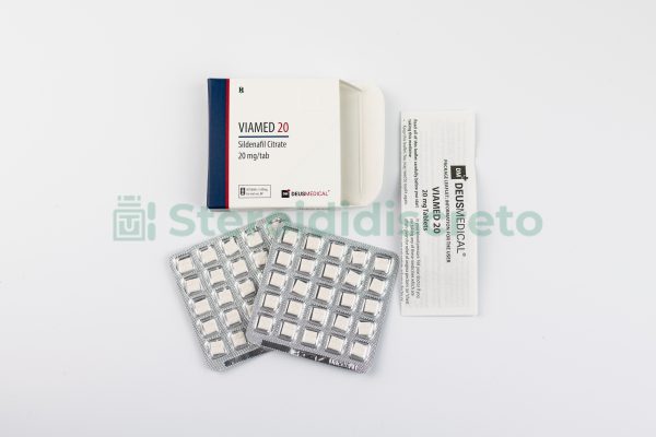 VIAMED 20 (Sildenafil citrate) 20mg/Tab, prodotto da Deus Medical, utilizzato per trattare la disfunzione erettile migliorando il flusso sanguigno al pene