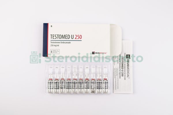 Testomed U 250 (Testosterone Undecanoato), 250mg/ml, prodotto da Deus Medical, un estere di testosterone a lunga durata d'azione, utilizzato per il miglioramento della massa muscolare e della forza